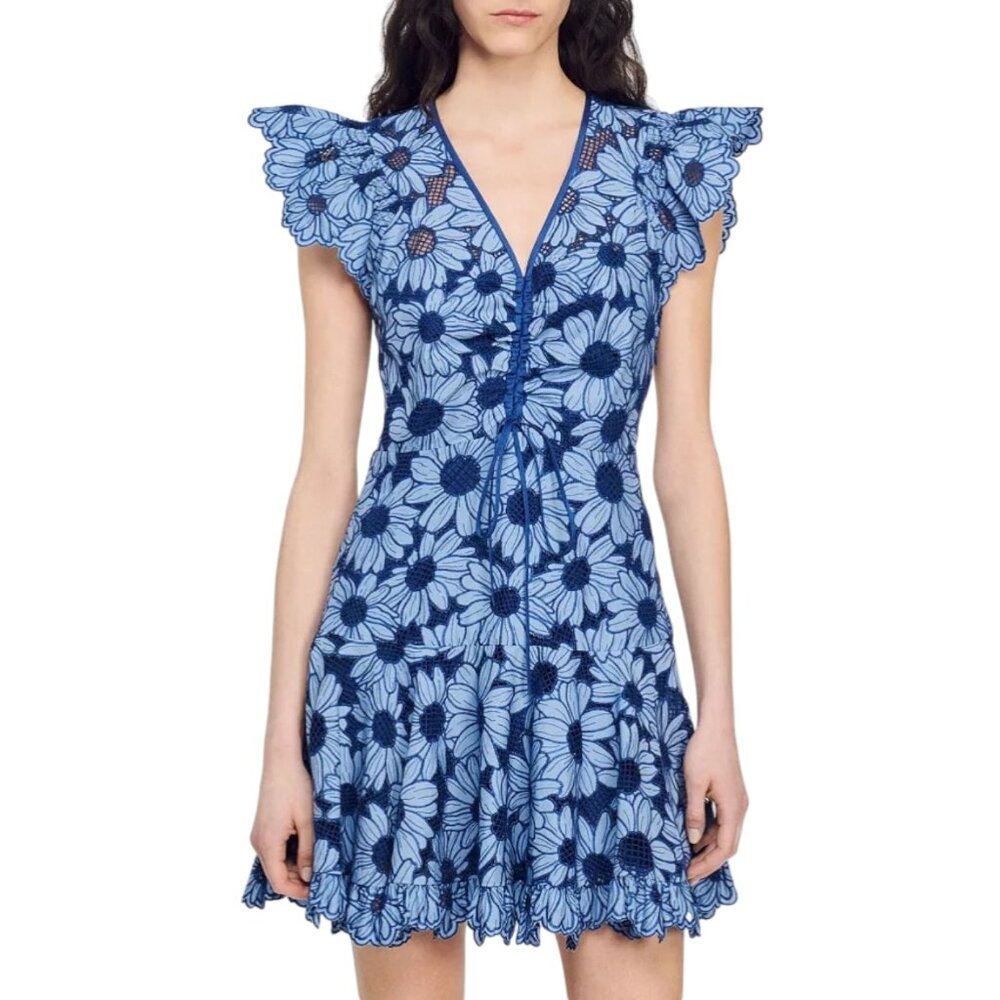 Sandro Blue Print V Neck Mini Dress XS NWT - Picture 8 of 8